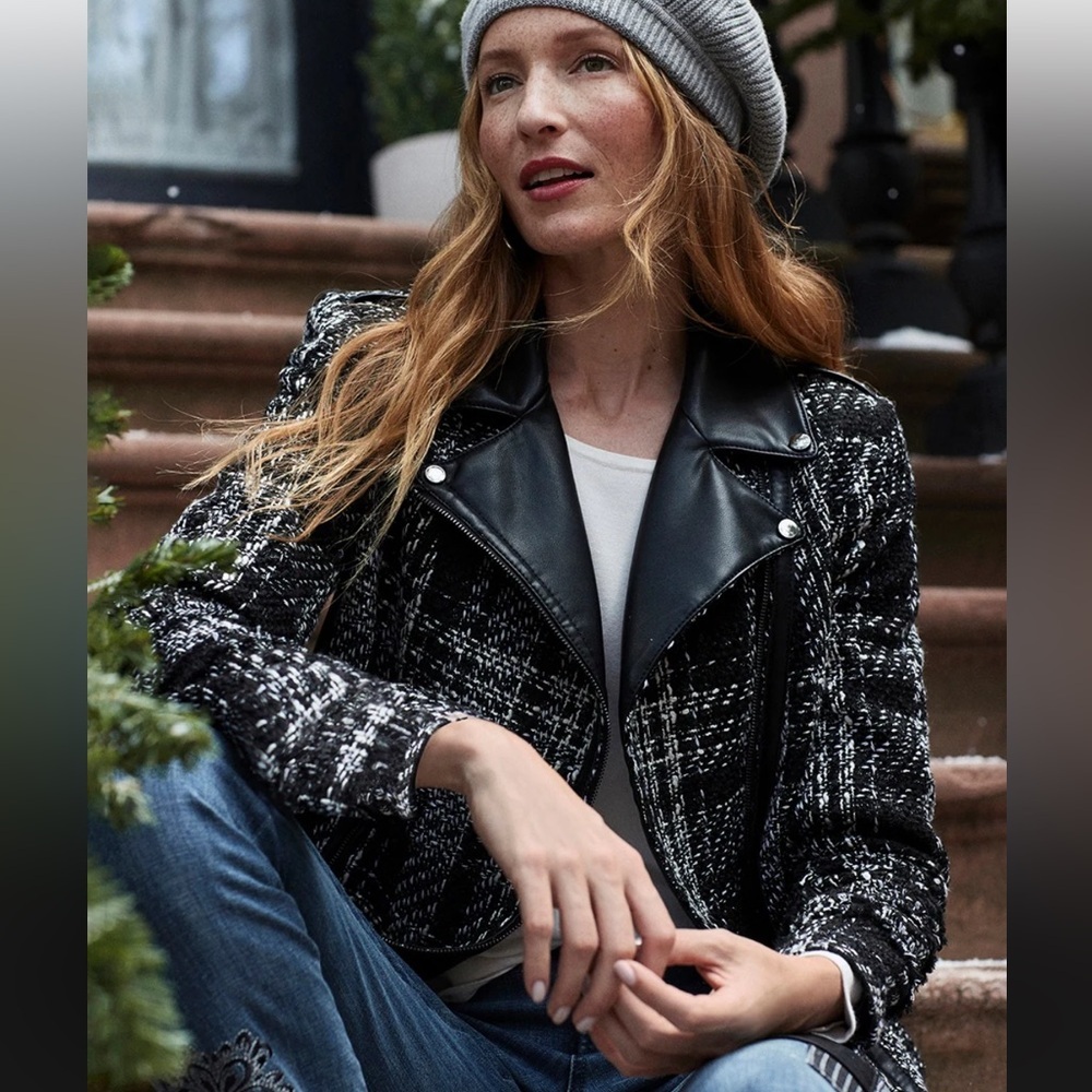 Chico's Black & White Tweed Moto Jacket with Leather Trim